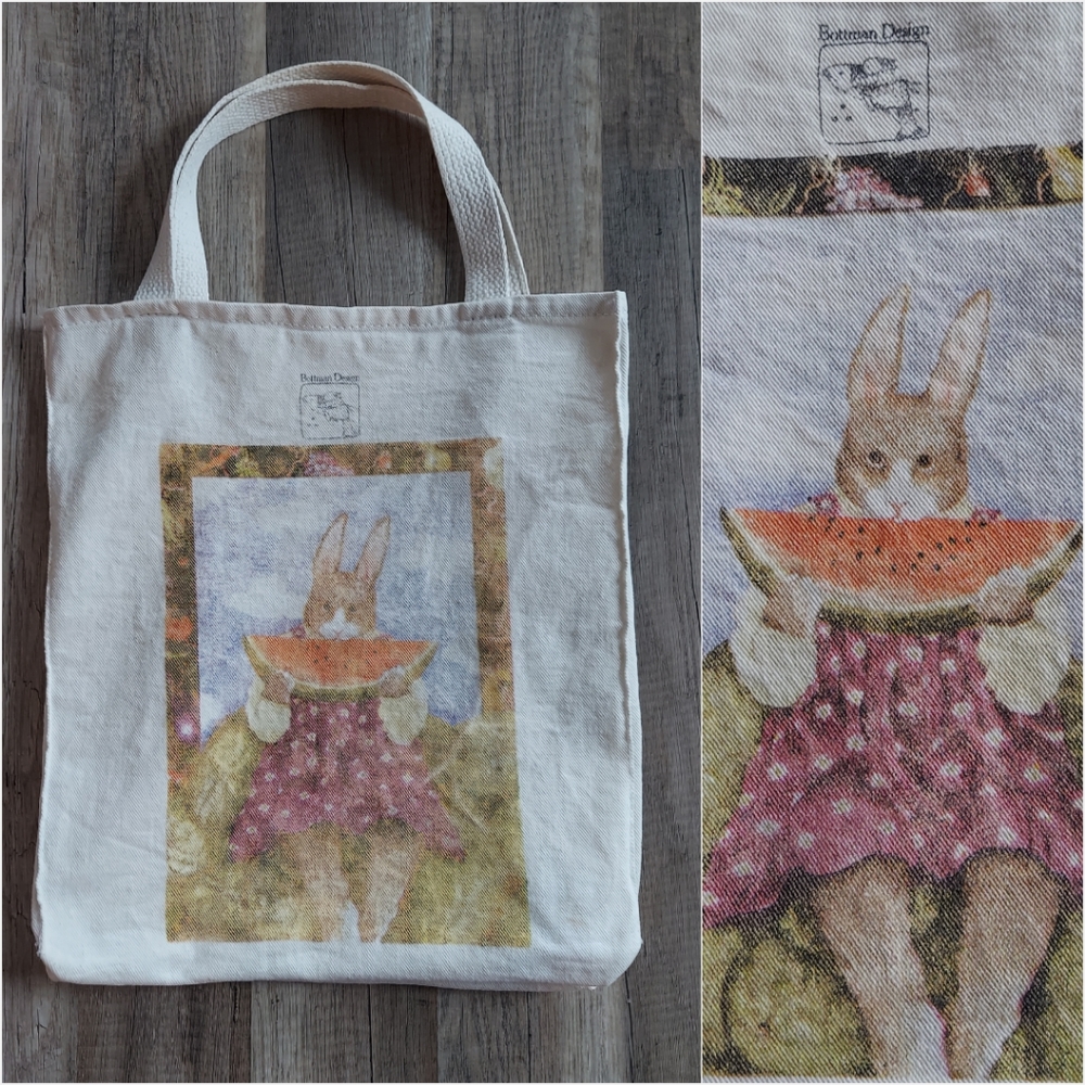 Vintage 80s 90s Paris Bottman Designs Rabbit Watermelon Canvas Tote Bag